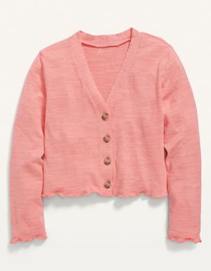 Cropped Slub-Knit Button-Front Cardigan Sweater for Girls pink