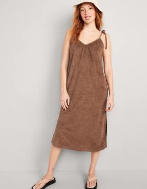 Tie-Shoulder V-Neck Terry Midi Swing Dress for Women brown