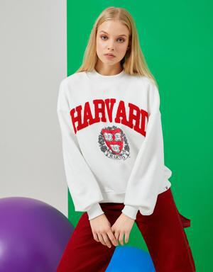 Oversize Baskılı Kolej Sweatshirt Harvard Lisanslı İçi Polarlı