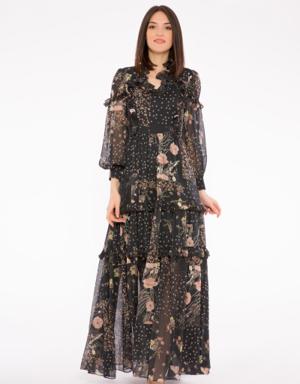 Ruffle Detailed Lace Collar Long Patterned Chiffon Dress