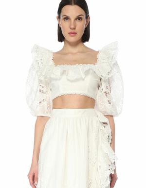 Lulu Scallop Beyaz Kare Yaka Çiçekli Cropped Bluz