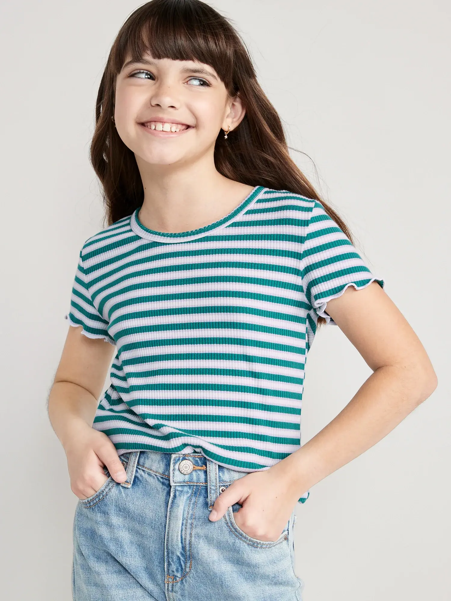 Old Navy Printed Rib-Knit Lettuce-Edge T-Shirt for Girls green. 1