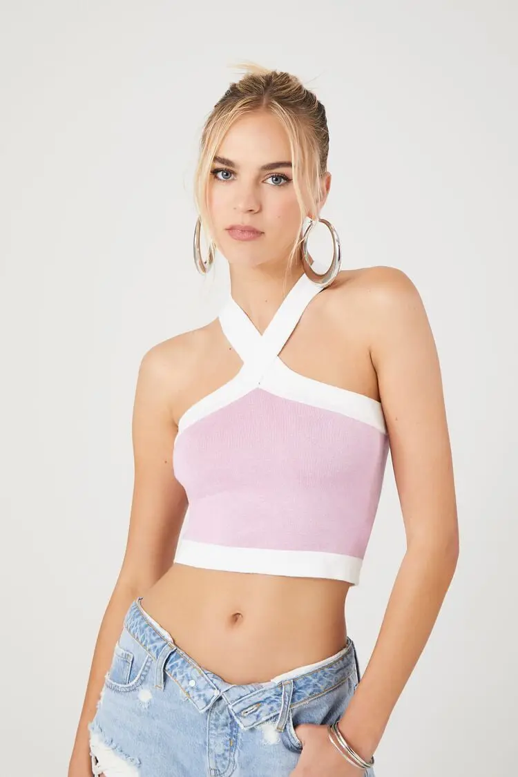 Forever 21 Forever 21 Sweater Knit Halter Top Pink/White. 1