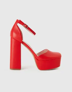 red sandals with heel and platform