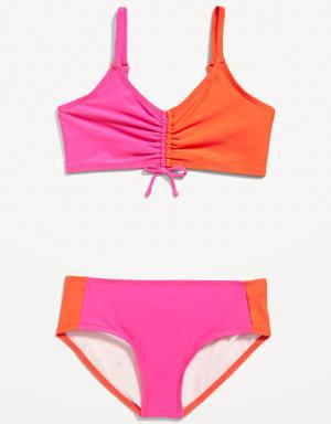 Color-Block Cinch-Tie Bikini Swim Set for Girls pink