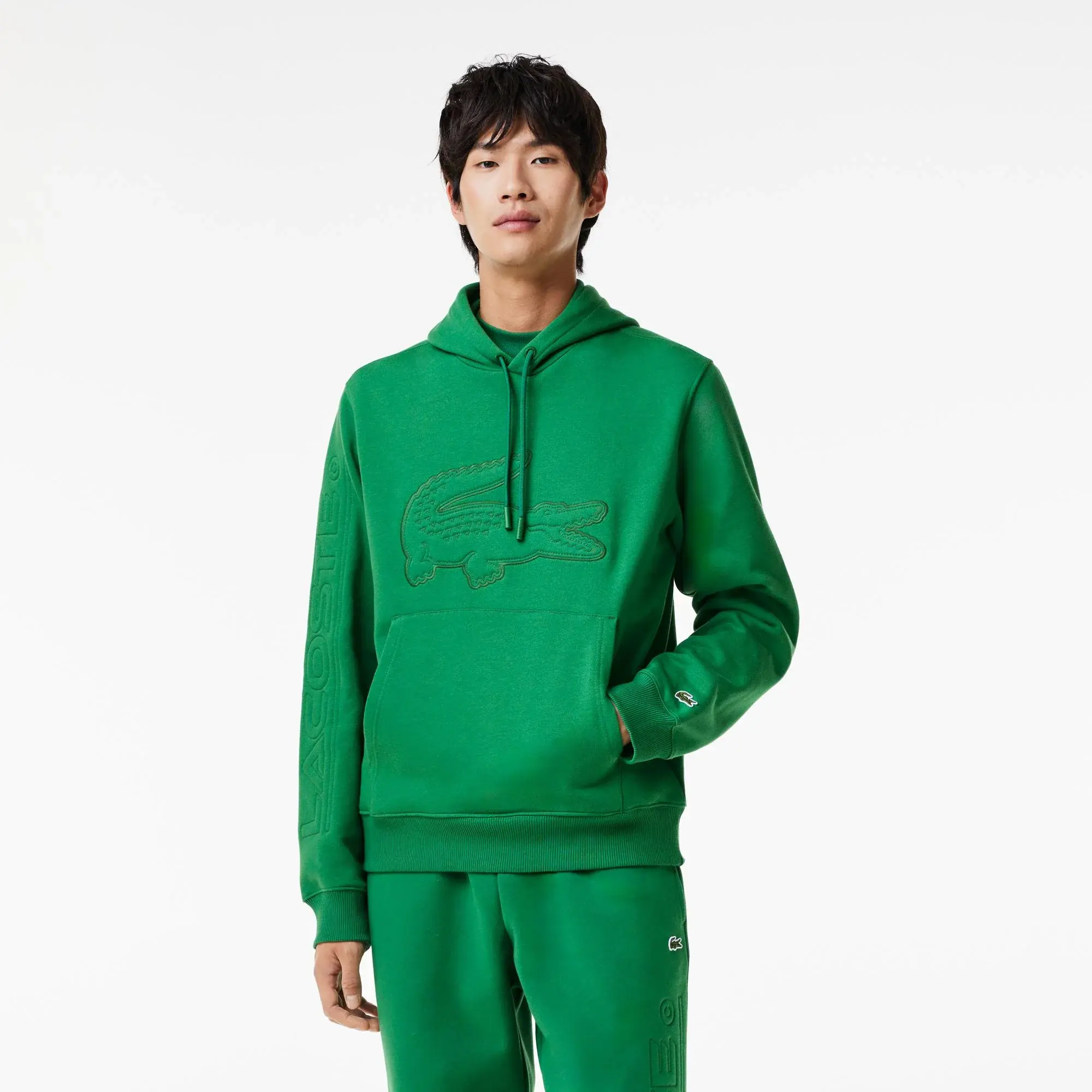 Lacoste Erkek Relaxed Fit Kapüşonlu Baskılı Yeşil Sweatshirt. 1