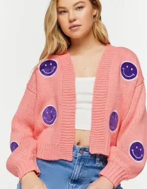 Forever 21 Happy Face Patch Cardigan Sweater Coral/Multi