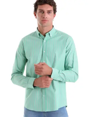 Yeşil Slim Fit Çizgili Pamuklu Düğmeli Yaka Uzun Kollu Casual Gömlek