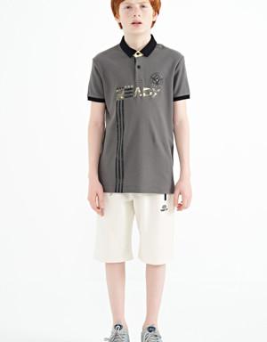 Koyu Gri Yazı Baskı Desenli Standart Kalıp Polo Yaka Erkek Çocuk T-Shirt - 11143