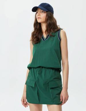 Kadın Relaxed Fit V Yaka Renk Bloklu Yeşil Bluz