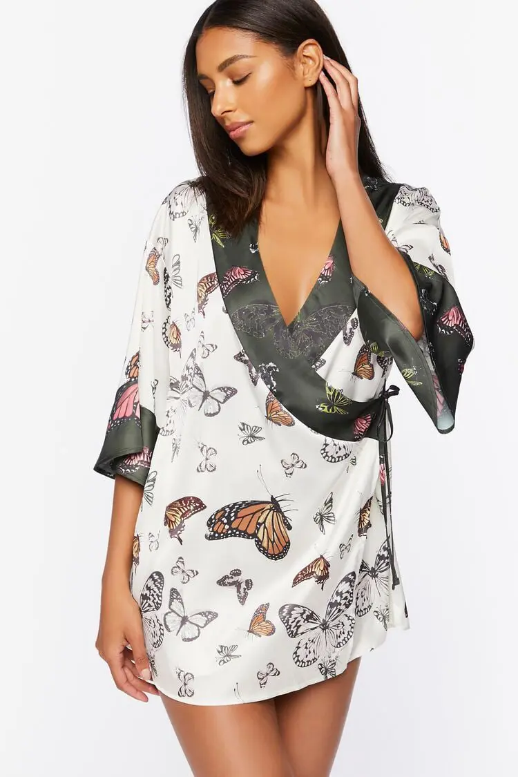 Forever 21 Forever 21 Satin Butterfly Print Robe White/Multi. 1