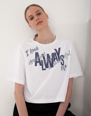 Beyaz Asimetrik Yazı Baskılı O Yaka Kadın Oversize T-Shirt - 97136