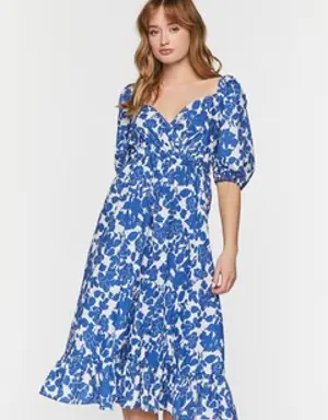 Forever 21 Floral Puff Sleeve Midi Dress Blue/White