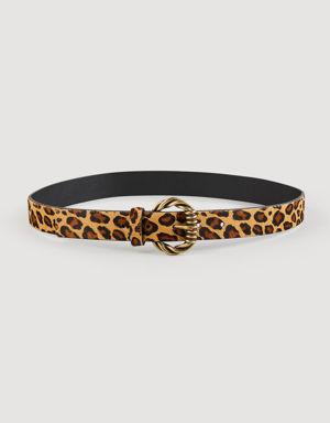 Wide leather leopard print belt