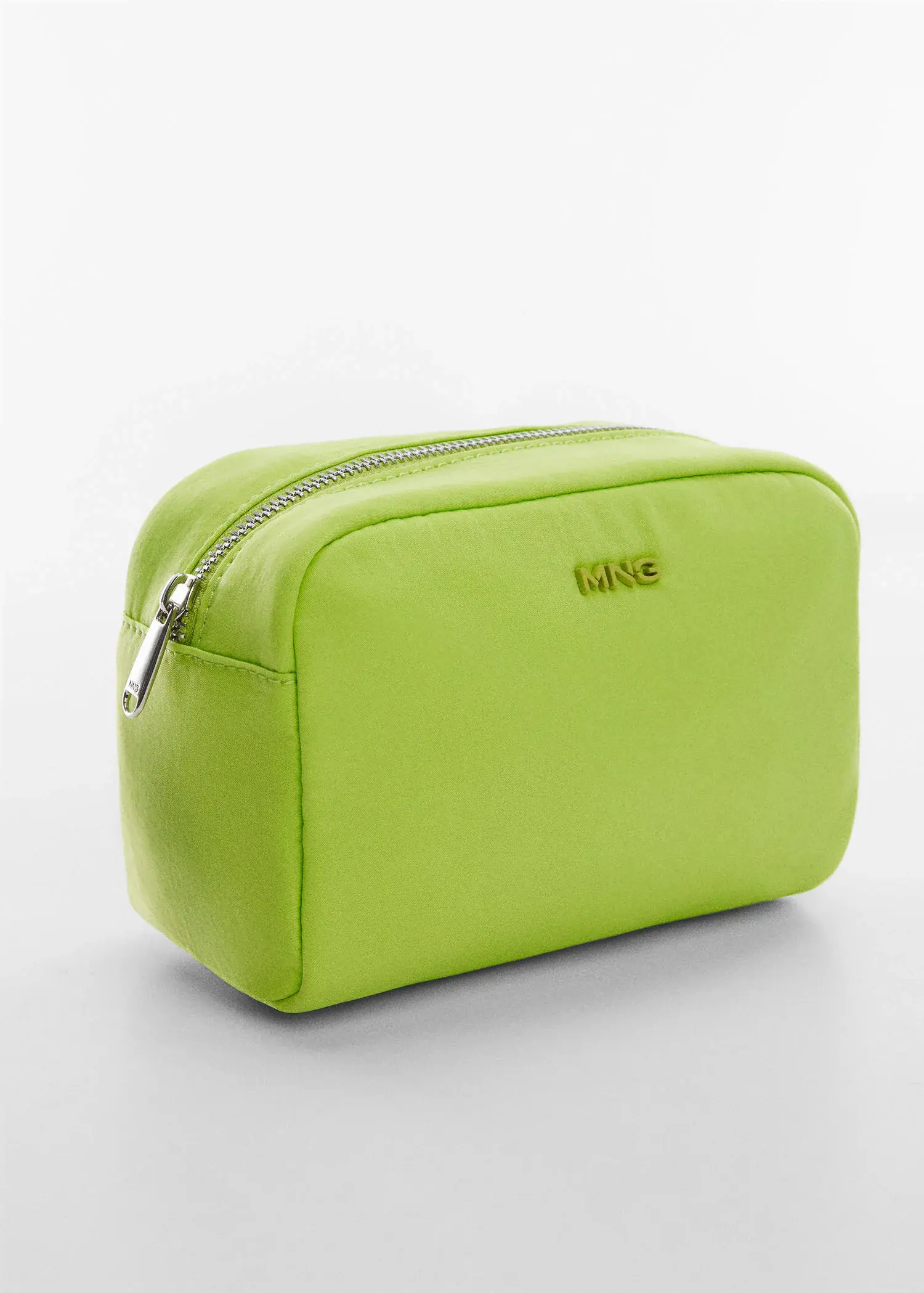 Mango Zippered toiletry bag with logo. a lime green bag sitting on top of a white table. 
