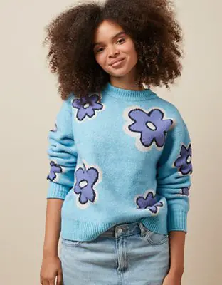 American Eagle Whoa So Soft Floral Crewneck Sweater. 1