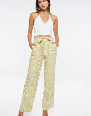 Forever 21 Belted Zebra Print High Rise Pants Green/Taupe