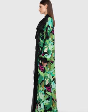 Embroidered Patterned Long Green Chiffon Dress With Lace And Plain Chiffon Garnish