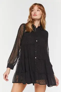 Forever 21 Forever 21 Swiss Dot Tiered Shirt Dress Black. 2