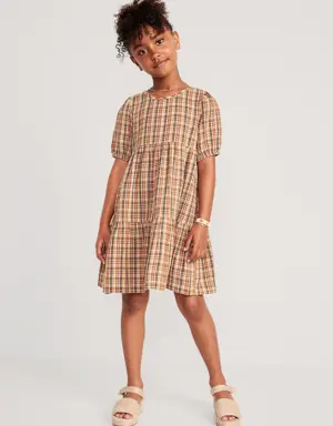 Puff-Sleeve Double-Weave Plaid Swing Dress for Girls brown