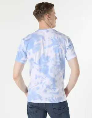 Comfort Fit Bisiklet Yaka Desenli Mavi Erkek Kısa Kol Tişört