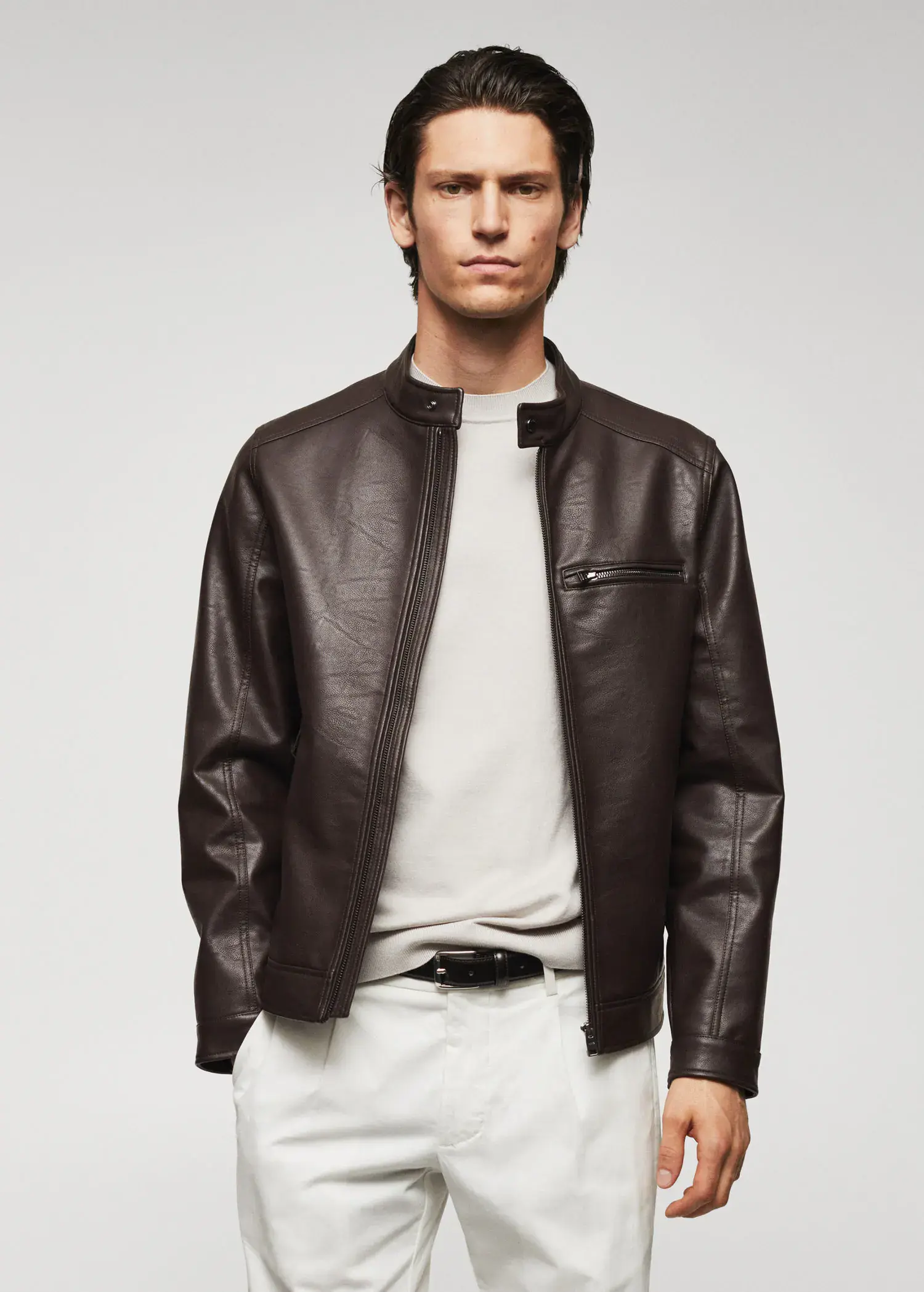 Mango Leather-effect jacket with zips. 1