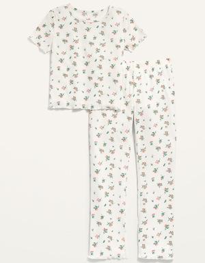 Rib-Knit Lettuce-Edge Flared Leg Pajama Set for Girls