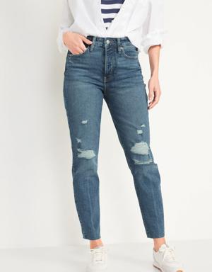 High-Waisted Button-Fly OG Straight Ripped Ankle Jeans for Women blue