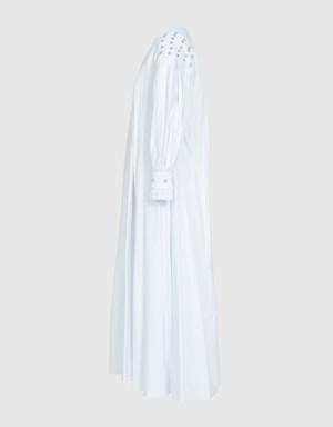 Long Poplin White Dress With Embroidery And Balloon Sleeve Detail