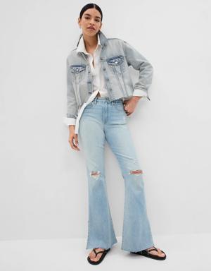 Oversized Cropped Denim Jacket with Washwell blue