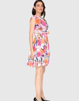 Pleated Mini Ecru Dress With Floral Pattern Belt