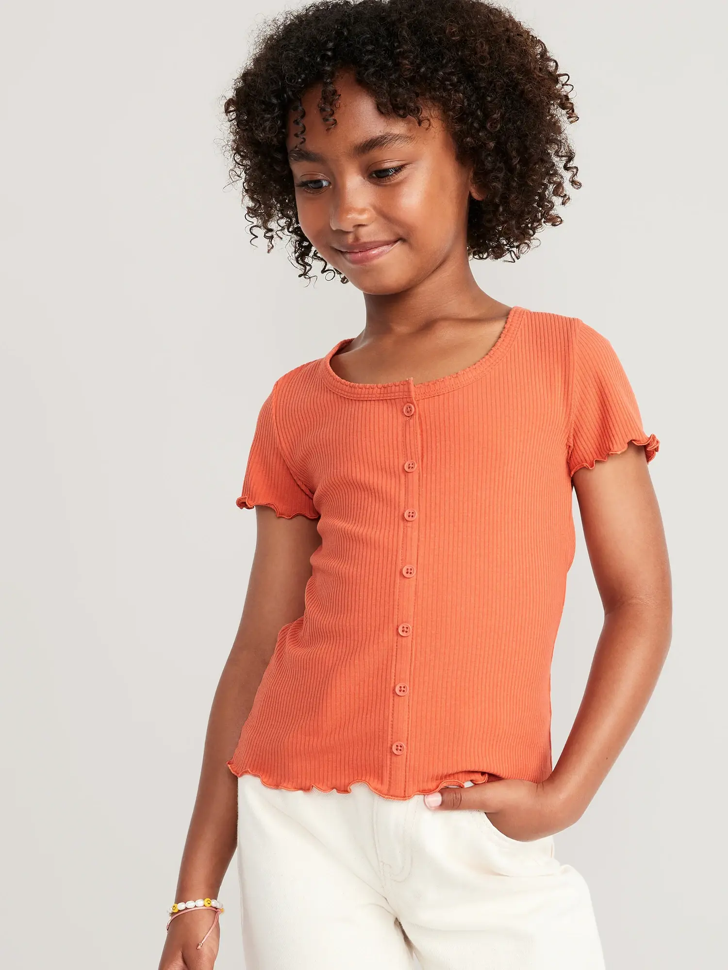 Old Navy Rib-Knit Button-Front Lettuce-Edge Top for Girls orange. 1