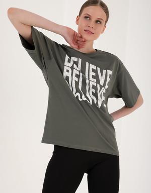 Çağla Deforme Yazı Baskılı O Yaka Oversize Kadın T-Shirt - 97139