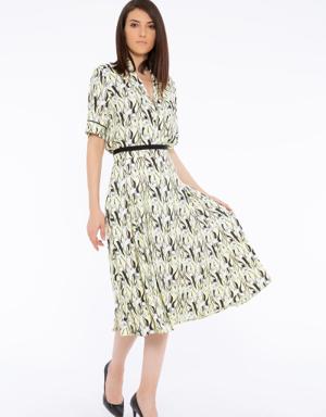 Floral Patterned Pleated Contrast Detailed Midi Yellow Skirt