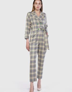 Button Detailed Side Belted Plaid Green Jumpsuit