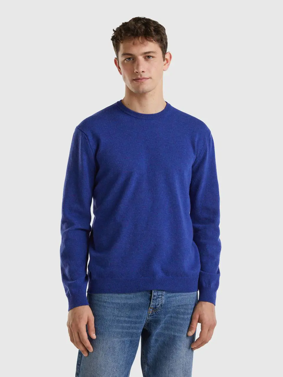 Benetton cornflower blue crew neck sweater in pure merino wool. 1