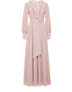 Embroidered Pleated Pink Dress With Collar Detail