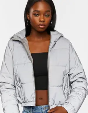 Forever 21 Reflective Hooded Puffer Jacket Silver