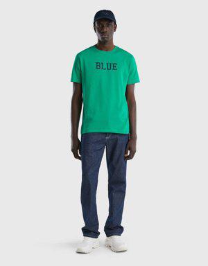 Erkek Yeşil %100 Koton Renk Yazı Baskılı T Shirt