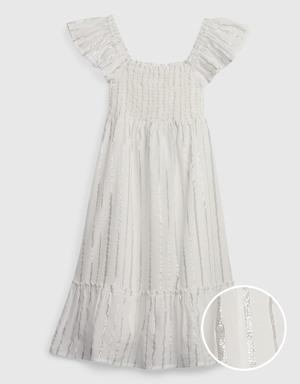 Kids Shiny Smocked Midi Dress white