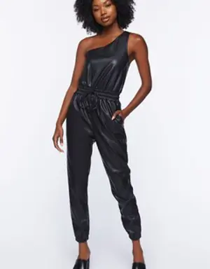 Forever 21 Faux Leather One Shoulder Jumpsuit Black