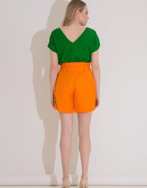 Embroidery Detailed Belted Orange Bermuda Shorts
