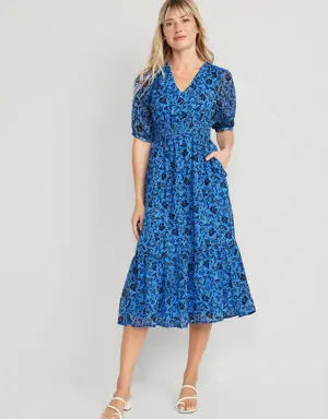 Waist-Defined V-Neck Midi Dress for Women blue
