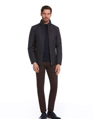 Lacivert Slim Fit Hakim Yaka Spor Mont