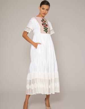 Lace Garnish, Embroidery Detailed White Poplin Dress