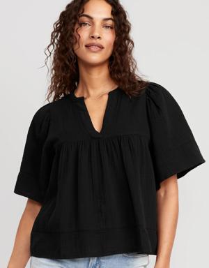 Flutter-Sleeve Textured V-Neck Swing Top for Women black