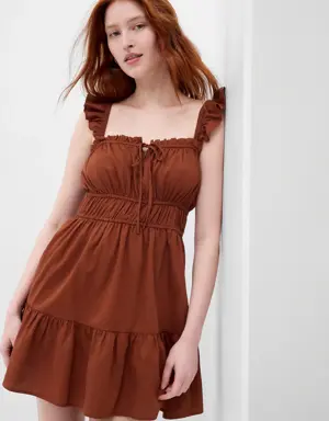 Flutter Sleeve Cinch Waist Mini Dress brown