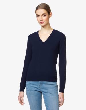 Dark blue V-neck sweater in pure Merino wool