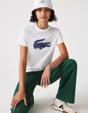 Women's Crocodile Print Crew Neck Cotton Blend T-Shirt