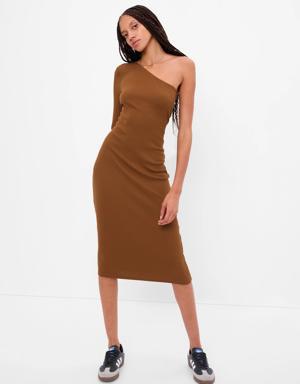 One-Shoulder Rib Midi Dress brown